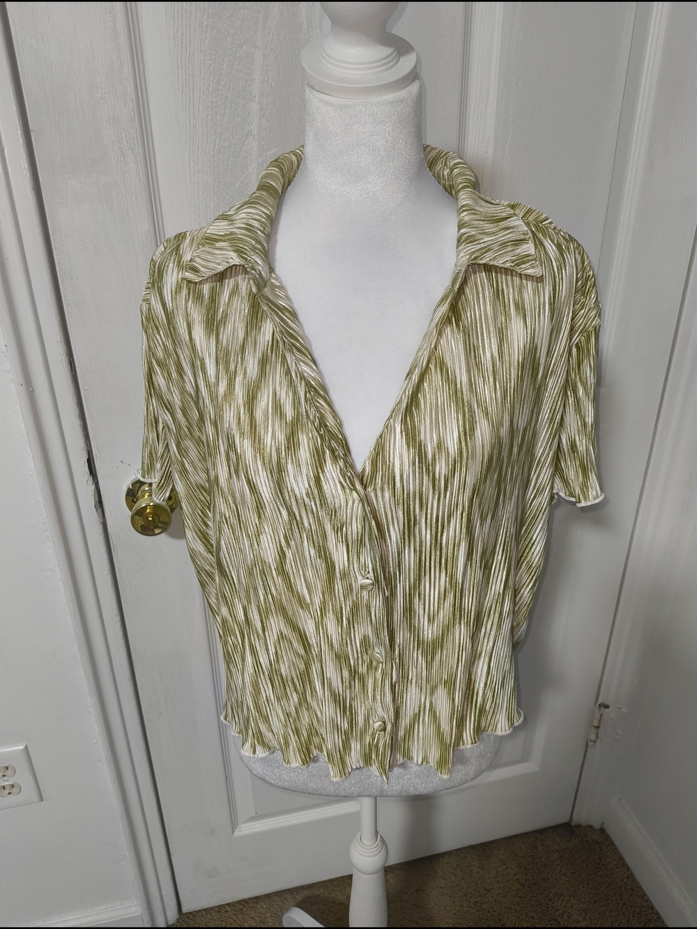 Almost Famous Olive & Cream Short Sleeve Button-Down Blouse